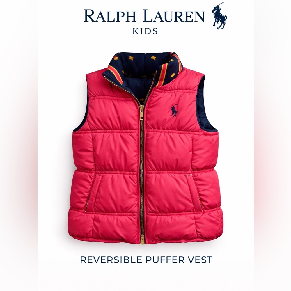 Ralph Lauren Girls Reversible Puffer Vest Pink Navy Size 5